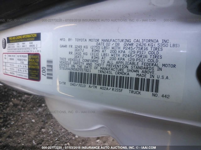 5TEUX42N58Z557821 - 2008 TOYOTA TACOMA ACCESS CAB Ақ фото 9