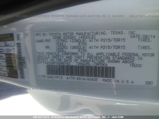 5TFTX4CN8FX048742 - 2015 TOYOTA TACOMA ACCESS CAB Ақ фото 9