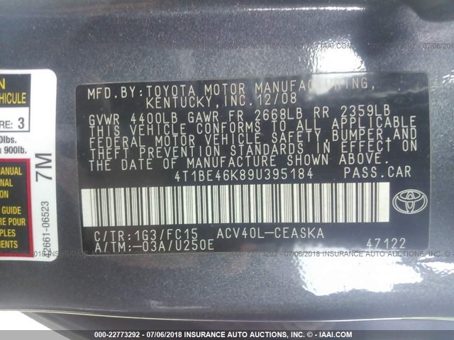 4T1BE46K89U395184 - 2009 TOYOTA CAMRY SE/LE/XLE GRAY photo 9
