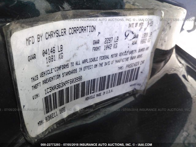 1C3XA363XPF603998 - 1993 CHRYSLER LEBARON LE A-BODY GREEN photo 9