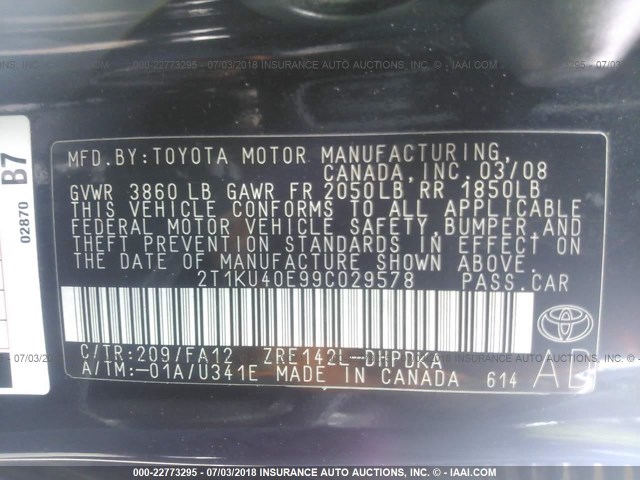 2T1KU40E99C029578 - 2009 TOYOTA COROLLA MATRIX  BLACK photo 9