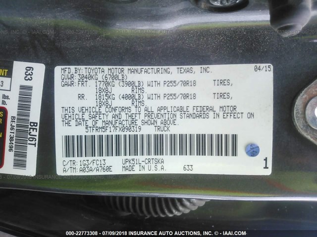 5TFRM5F17FX090319 - 2015 TOYOTA TUNDRA DOUBLE CAB SR/SR5 GRAY photo 9