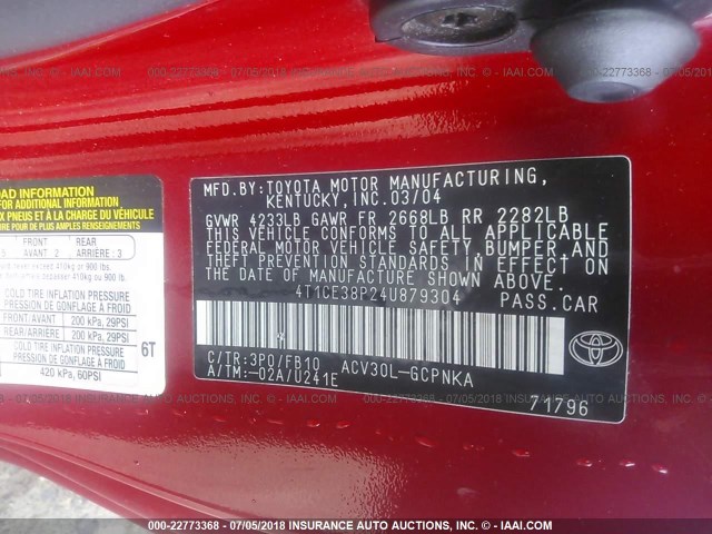 4T1CE38P24U879304 - 2004 TOYOTA CAMRY SOLARA SE/SLE Qırmızı foto 9