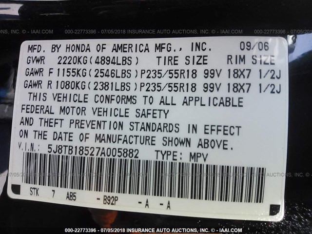 5J8TB18527A005882 - 2007 ACURA RDX TECHNOLOGY BLACK photo 9