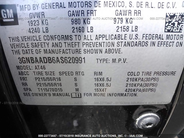 3GNBAADB6AS620991 - 2010 CHEVROLET HHR LS BLACK photo 9