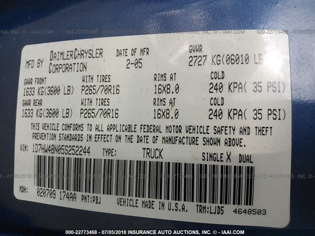 1D7HW48N05S252244 - 2005 DODGE DAKOTA QUAD SLT BLUE photo 9