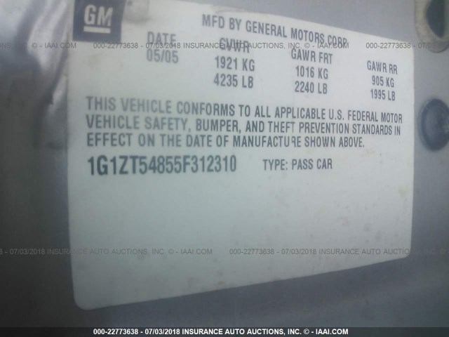 1G1ZT54855F312310 - 2005 CHEVROLET MALIBU LS GRAY photo 9