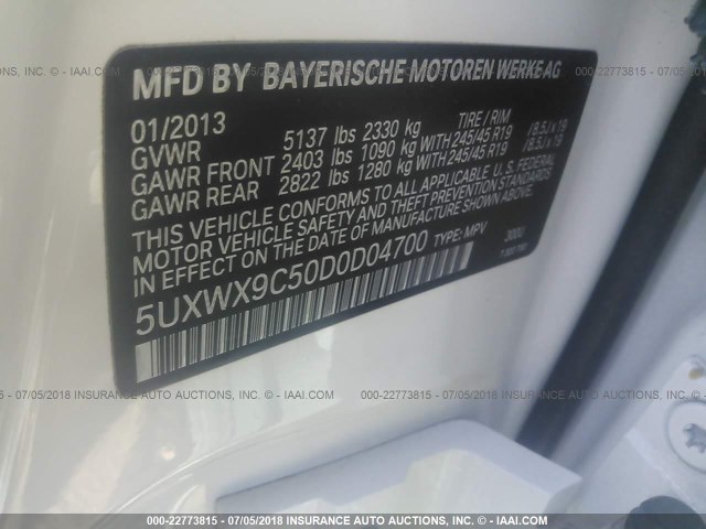 5UXWX9C50D0D04700 - 2013 BMW X3 XDRIVE28I WHITE photo 9