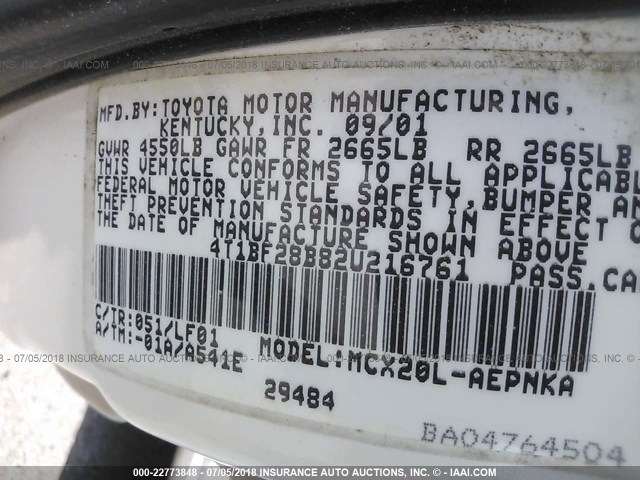 4T1BF28B82U216761 - 2002 TOYOTA AVALON XL/XLS WHITE photo 9