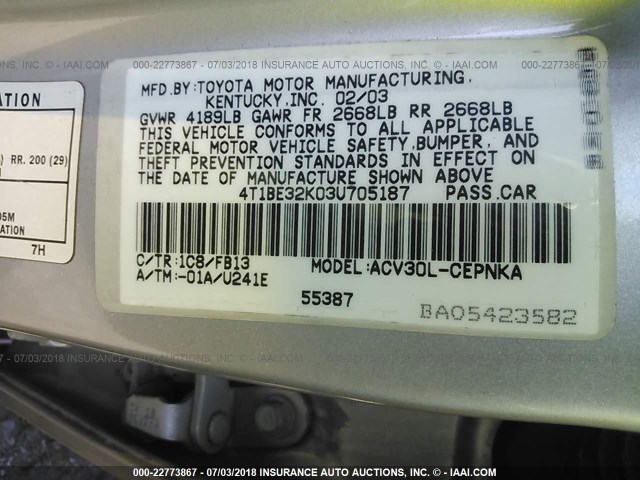 4T1BE32K03U705187 - 2003 TOYOTA CAMRY LE/XLE/SE 银色 照片 9