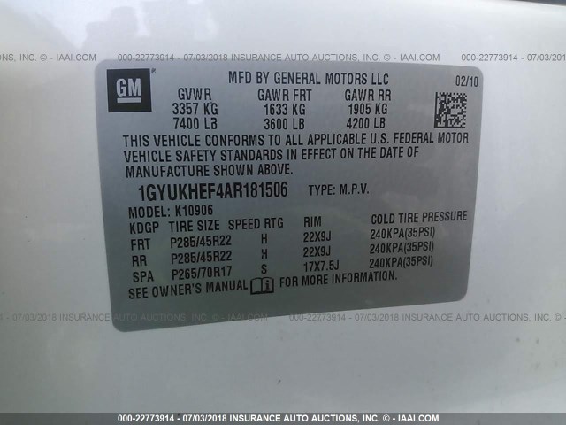 1GYUKHEF4AR181506 - 2010 CADILLAC ESCALADE ESV LUXURY WHITE photo 9