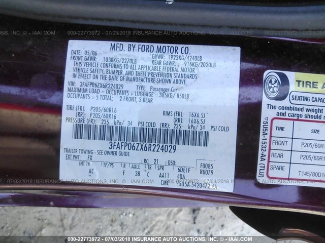 3FAFP06ZX6R224029 - 2006 FORD FUSION S BURGUNDY photo 9