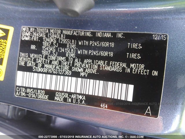 5TDKKRFH7GS127369 - 2016 TOYOTA HIGHLANDER XLE ლურჯი ფოტო 9