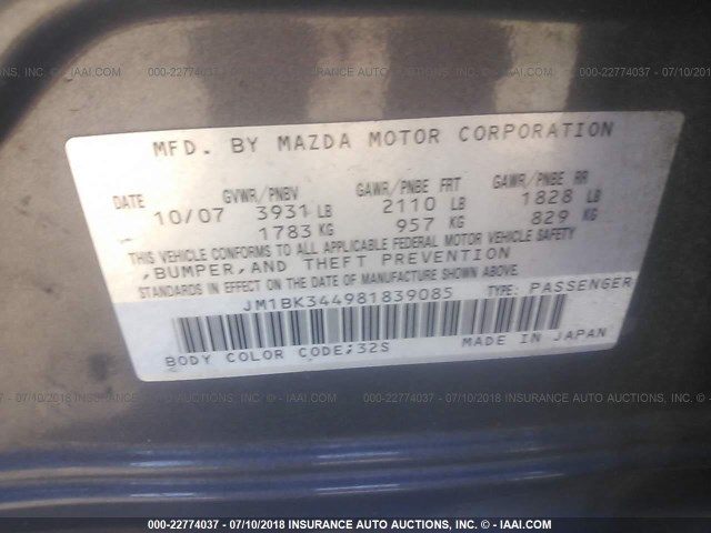 JM1BK344981839085 - 2008 MAZDA 3 HATCHBACK GRAY photo 9