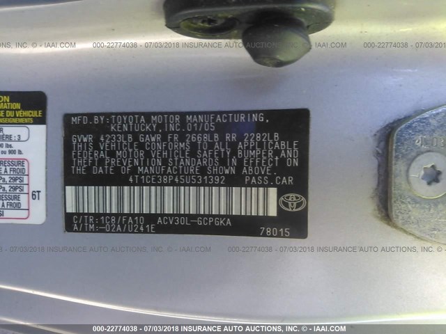 4T1CE38P45U531392 - 2005 TOYOTA CAMRY SOLARA SE/SLE 银色 照片 9