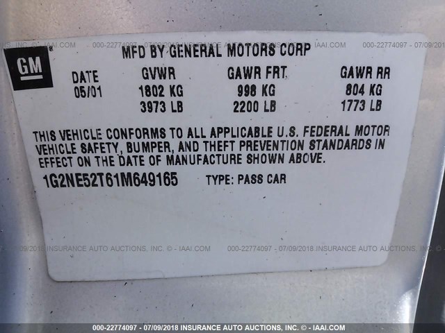 1G2NE52T61M649165 - 2001 PONTIAC GRAND AM SE SILVER photo 9