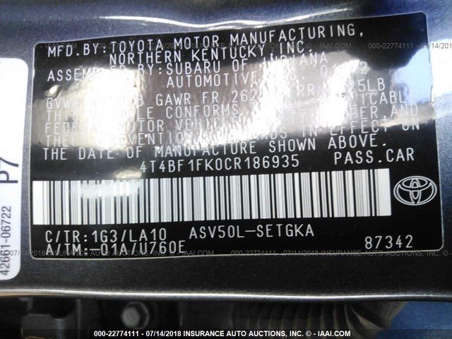 4T4BF1FK0CR186935 - 2012 TOYOTA CAMRY SE/LE/XLE GRAY photo 9