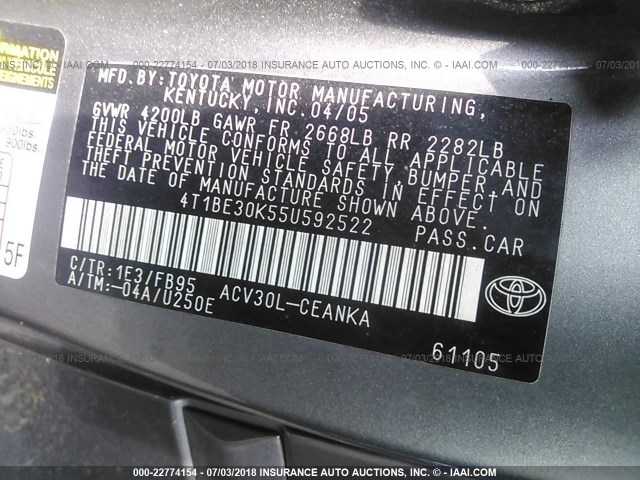 4T1BE30K55U592522 - 2005 TOYOTA CAMRY LE/XLE/SE 灰色 照片 9