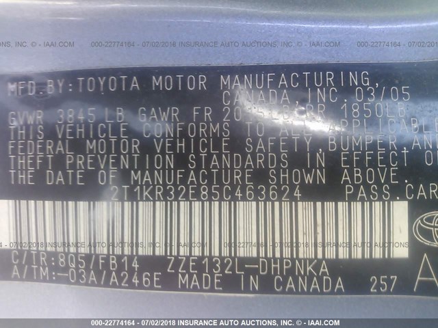 2T1KR32E85C463624 - 2005 TOYOTA COROLLA MATRIX XR BLUE photo 9