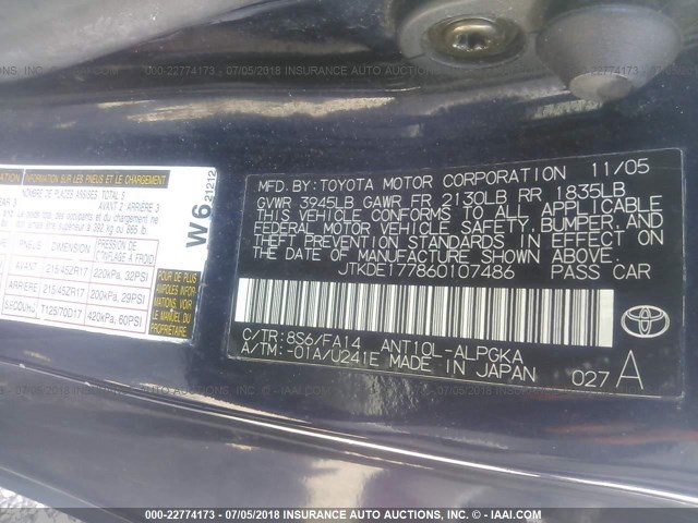 JTKDE177860107486 - 2006 TOYOTA SCION TC 蓝色 照片 9