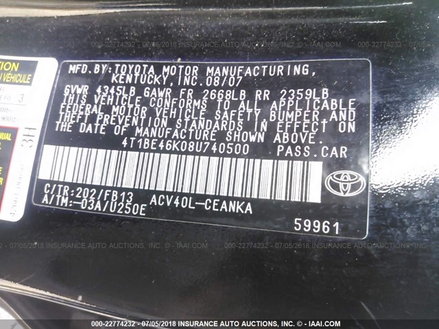 4T1BE46K08U740500 - 2008 TOYOTA CAMRY CE/LE/XLE/SE BLACK photo 9
