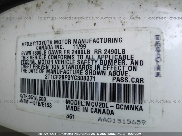 2T1CF28P3YC308371 - 2000 TOYOTA CAMRY SOLARA SE/SLE თეთრი ფოტო 9