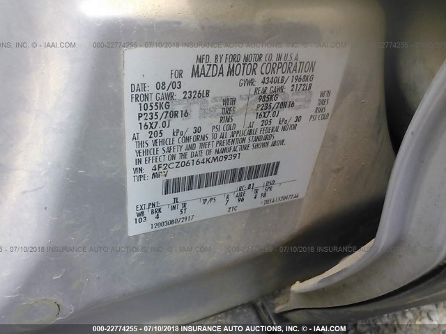 4F2CZ06164KM09391 - 2004 MAZDA TRIBUTE ES 银色 照片 9