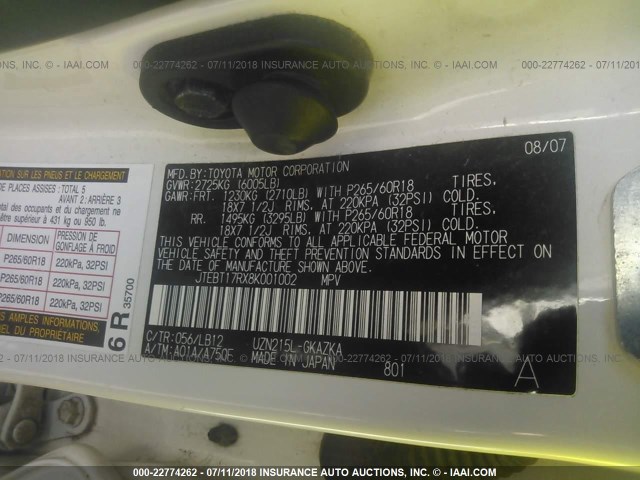 JTEBT17RX8K001002 - 2008 TOYOTA 4RUNNER LIMITED WHITE photo 9