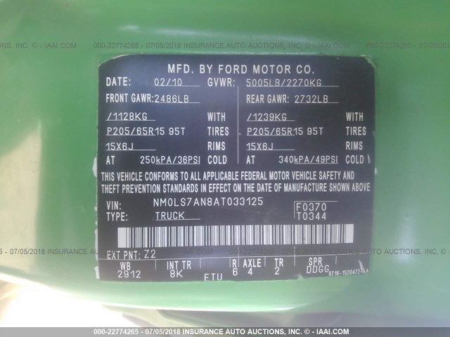 NM0LS7AN8AT033125 - 2010 FORD TRANSIT CONNECT XL GREEN photo 9
