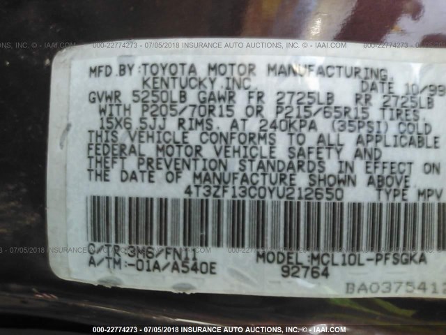 4T3ZF13C0YU212650 - 2000 TOYOTA SIENNA LE/XLE MAROON photo 9