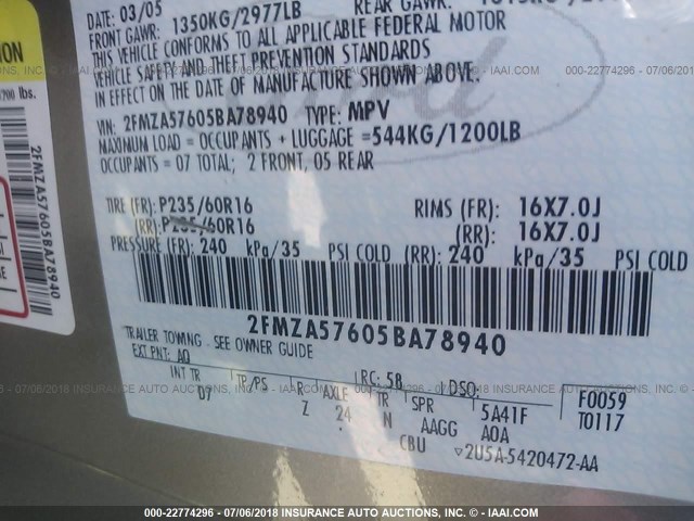 2FMZA57605BA78940 - 2005 FORD FREESTAR SES SILVER photo 9