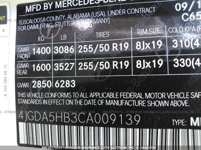 4JGDA5HB3CA009139 - 2012 MERCEDES-BENZ ML 350 4MATIC WHITE photo 9