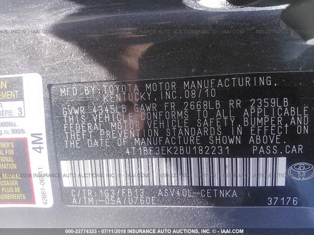 4T1BF3EK2BU182231 - 2011 TOYOTA CAMRY SE/LE/XLE GRAY photo 9