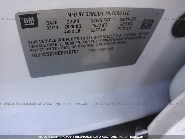 1G11C5SL9EF216751 - 2014 CHEVROLET MALIBU 1LT WHITE photo 9