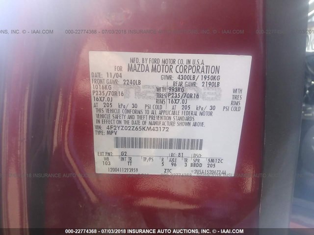 4F2YZ02Z65KM43172 - 2005 MAZDA TRIBUTE I 勃艮第红 照片 9