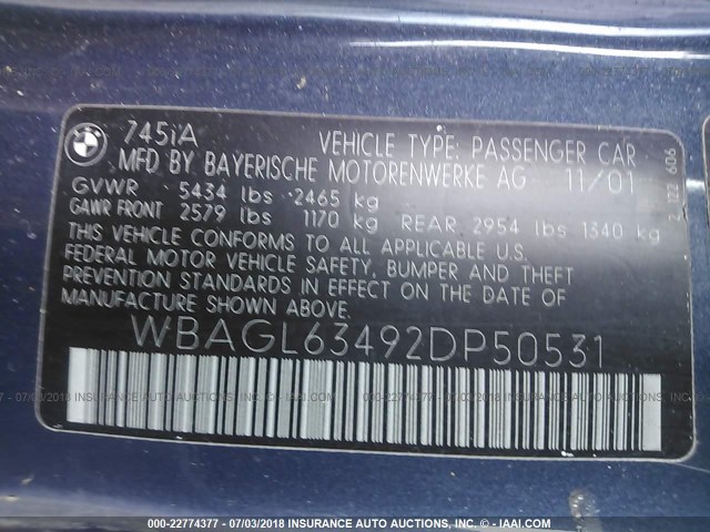 WBAGL63492DP50531 - 2002 BMW 745 I BLUE photo 9