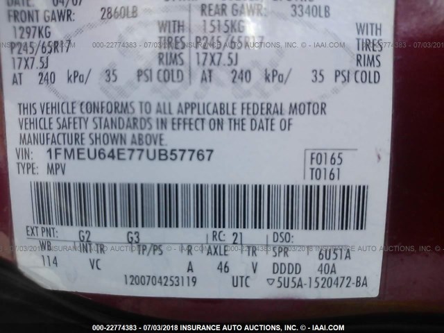 1FMEU64E77UB57767 - 2007 FORD EXPLORER EDDIE BAUER MAROON photo 9