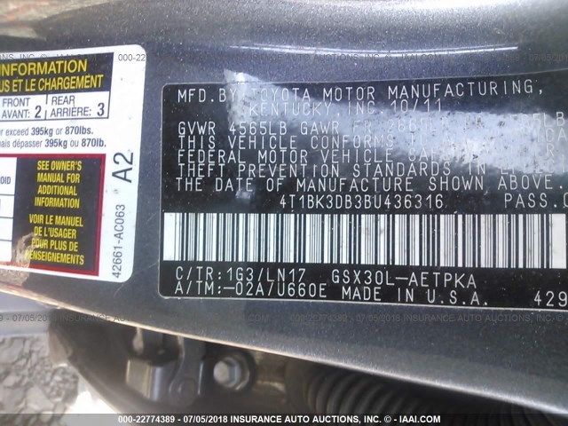 4T1BK3DB3BU436316 - 2011 TOYOTA AVALON LIMITED GRAY photo 9