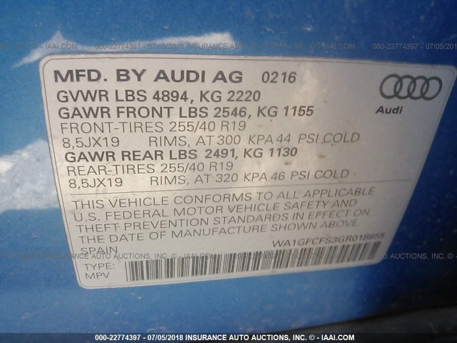 WA1GFCFS3GR018855 - 2016 AUDI Q3 PRESTIGE BLUE photo 9