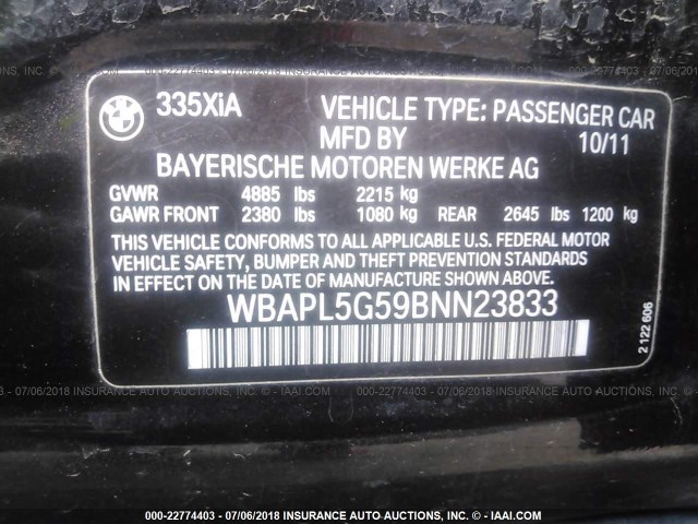 WBAPL5G59BNN23833 - 2011 BMW 335 XI BLACK photo 9