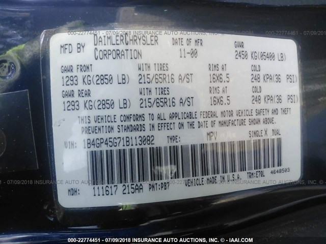 1B4GP45G71B113082 - 2001 DODGE CARAVAN SPORT BLUE photo 9