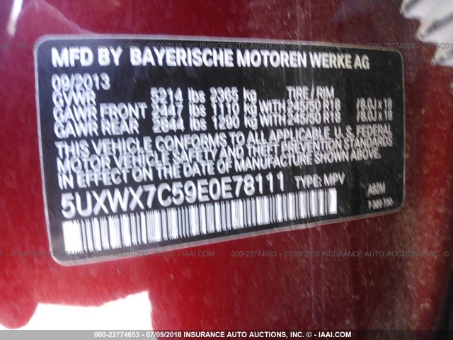 5UXWX7C59E0E78111 - 2014 BMW X3 XDRIVE35I RED photo 9