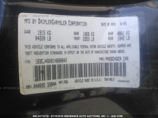 1B3EJ46X81N660842 - 2001 DODGE STRATUS SE BLUE photo 9