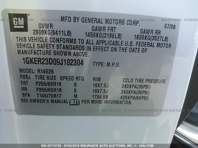 1GKER23D09J102304 - 2009 GMC ACADIA SLT-1 Білий фото 9