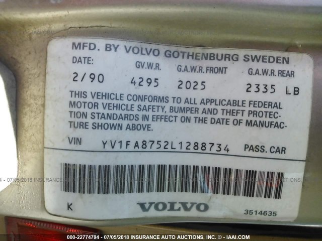 YV1FA8752L1288734 - 1990 VOLVO 740 Złoty zdjęcie 9