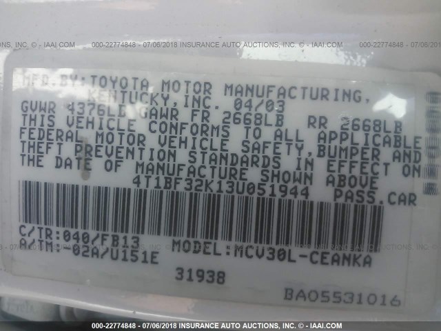 4T1BF32K13U051944 - 2003 TOYOTA CAMRY LE/XLE/SE 白色 照片 9
