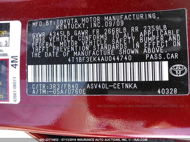 4T1BF3EK4AU044740 - 2010 TOYOTA CAMRY SE/LE/XLE 红色 照片 9