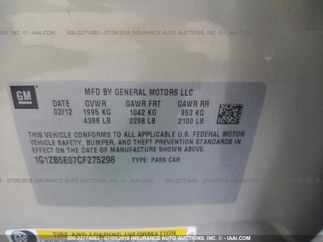 1G1ZB5E07CF275298 - 2012 CHEVROLET MALIBU LS Qəhvəyi foto 9