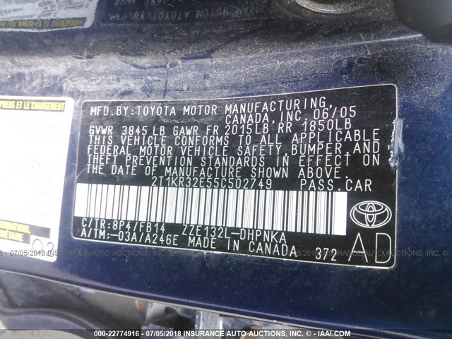 2T1KR32E55C502749 - 2005 TOYOTA COROLLA MATRIX XR BLUE photo 9