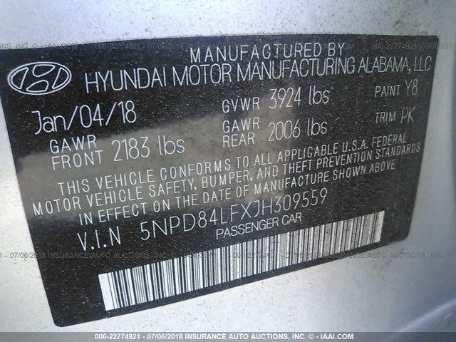 5NPD84LFXJH309559 - 2018 HYUNDAI ELANTRA SEL/VALUE/LIMITED SILVER photo 9